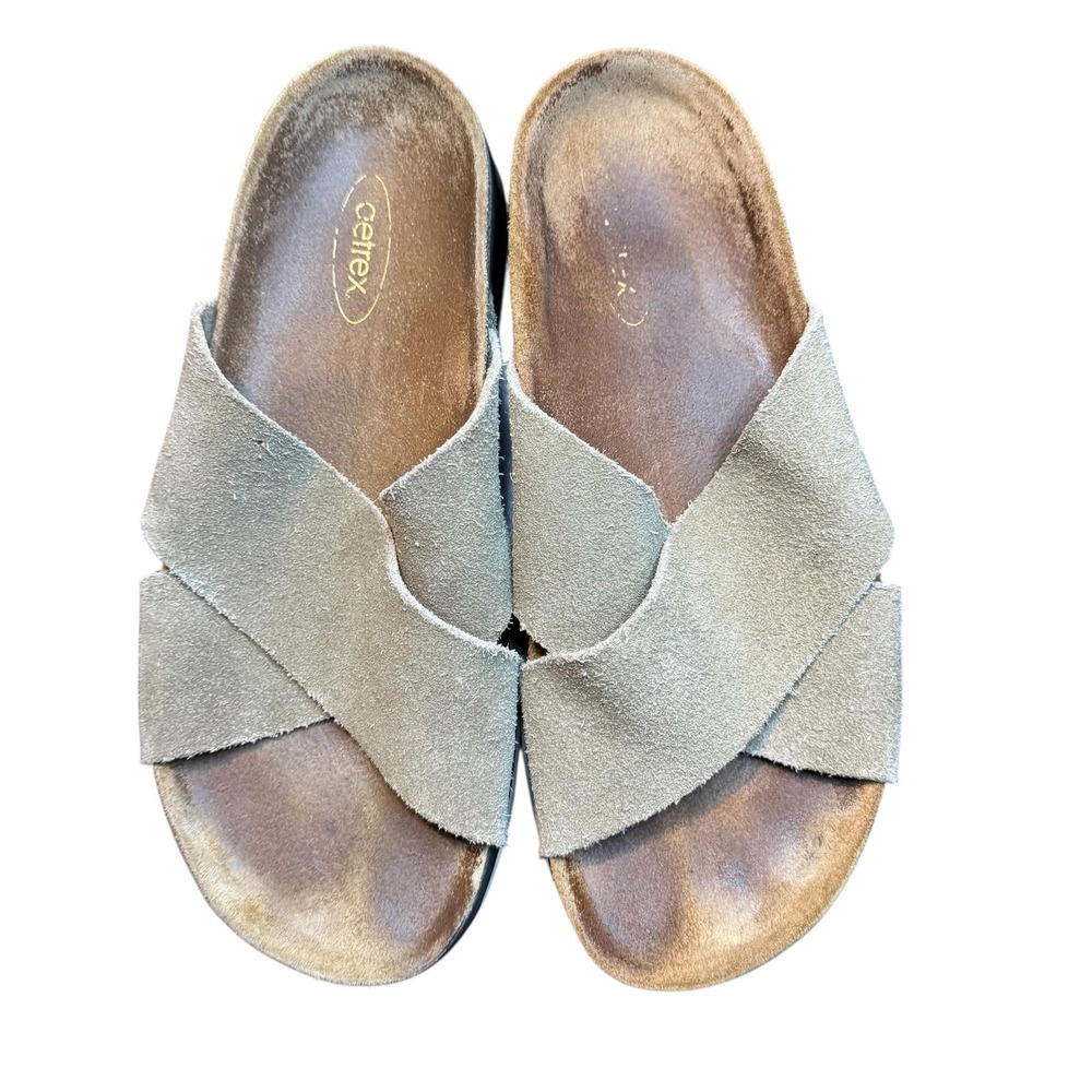 Aetrex Sandals Shoes Womens Size 7 Taupe Suede Cross Strap Slide Comfort Footbed
